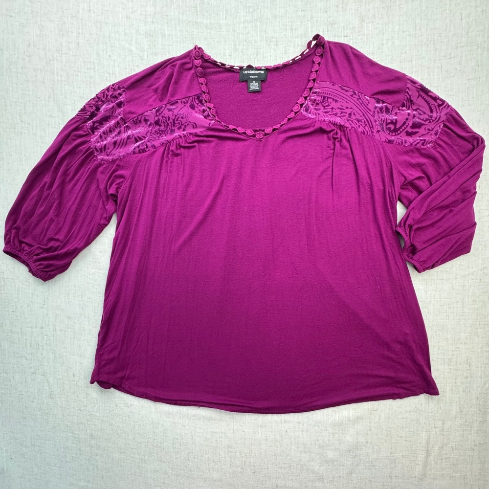 Liz Claiborne Blouse Womens 1X Magenta Rayon Crochet Boho Romantic Top